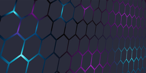 Fototapeta premium Dark gray 3D hexagonal technology vector abstract background. Blue and pink energy flashes under hexagon in modern technology futuristic background vector illustration. Grey honeycomb texture grid.