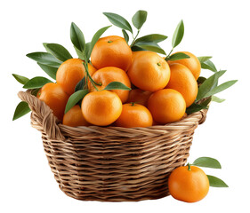 Juicy clementines in rustic basket image isolated transparent. Ripe mandarin oranges cut out photo png. Vitamin C citrus reticulata tangerina fruit cutout element object photography
