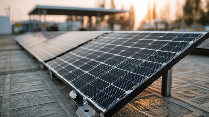 Commercial solar ad with factory roof panels and empty ROI area on a softly blurred industrial park backdrop