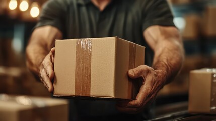 A close-up of strong hands holding a cardboard box ready for delivery, depicting the hard work and dedication involved in logistics and the shipping industry.