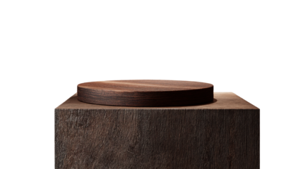 Elegant wooden pedestal with a round platform against a dark backdrop studio shot