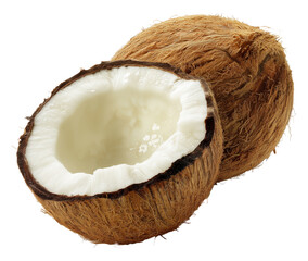 Open coconut with milk and whole shell image isolated transparent. Cocos nucifera drupe cut out photo png. Exotic coco nut with brown husk. Tropical fruit cutout object photography