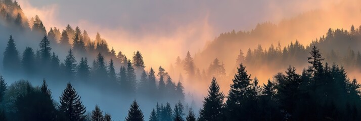 Obraz premium Misty mountain valley at sunrise with rolling fog and pine silhouettes
