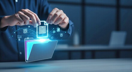 holographic cloud file transfer interface with human hands