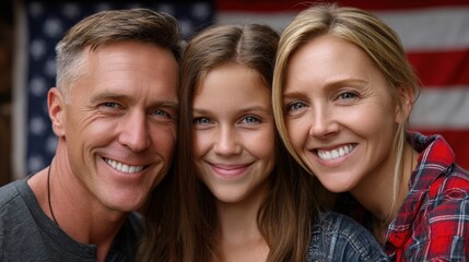 A family taking a group photo, portrait shot, in front of an American flag on Labor Day, joyful composition with smiles and patriotic color
