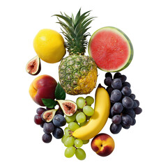 Variety of fresh exotic fruits image isolated transparent. Pineapple, watermelon, banana, grapes, nectarines, figs, lemon cut out photo png. Antioxidant cutout element object photography