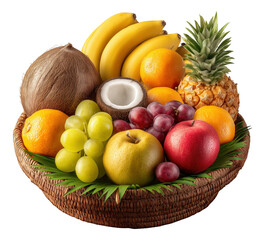 Woven basket filled with tropical and temperate fruits image isolated transparent. Bananas, grapes, oranges, apples, coconut, pineapple cut out photo png. Exotic bounty cutout