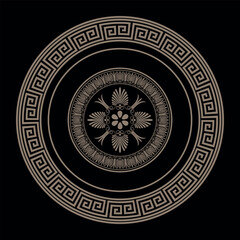 Vector round gold classic frame plate. Greek meander. Patterns of Greece and ancient Rome. Circle european border. Round antique border from Greek. Pattern frame for round surfaces, household utensils
