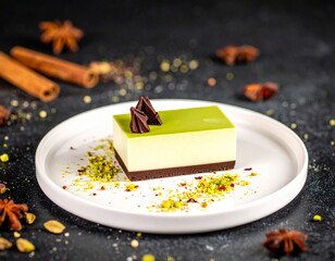 Michelin-Star-Worthy Pistachio Dessert with White Chocolate and Gold Accents on Fine China Plate