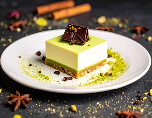 Michelin-Star-Worthy Pistachio Dessert with White Chocolate and Gold Accents on Fine China Plate