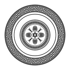 
Vector round monochrome classic frame plate. Greek meander. Patterns of Greece and ancient Rome. Circle european border. Round antique border from Greek. Typical egyptian, assyrian, greek motives 
