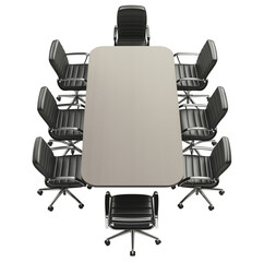 Conference room table with black office chairs image isolated transparent. Top view of boardroom furniture cut out photo png. Corporate meeting setup cutout element object photography