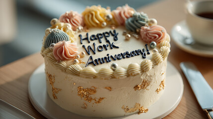 Happy Work Anniversary Cake with Pastel Swirls, Edible Pearls and Gold Leaf on Wooden Table, Festive Office Celebration with Coffee Cup