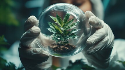 A scientist delicately holds a small plant inside a glass dome, highlighting the fusion of nature and science and the importance of sustainability and preservation.