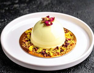 Michelin-Star-Worthy Pistachio Dessert with White Chocolate and Gold Accents on Fine China Plate