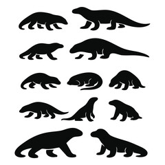 Silhouette collection of Komodo dragon illustrations showing various poses on a white background