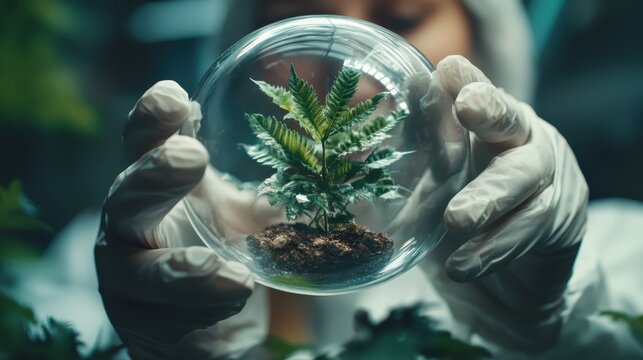 A scientist delicately holds a small plant inside a glass dome, highlighting the fusion of nature and science and the importance of sustainability and preservation. - Powered by Adobe