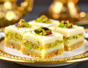 Michelin-Star-Worthy Pistachio Dessert with White Chocolate and Gold Accents on Fine China Plate