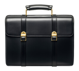 Classic black leather briefcase with dual buckles image isolated transparent. Attache case cut out photo png. Fashion accessory. Portfolio bag cutout element object photography