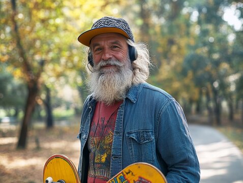 Man with long white beard holding skateboard and guitar. Wearing headphones, wearing blue jean jacket in outdoor park setting. - Powered by Adobe