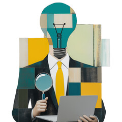 Abstract business persona with lightbulb head and magnifier transparent image. Light bulb suit figure geometric collage isolated cutout. Analytical mindset cut out clipart design png