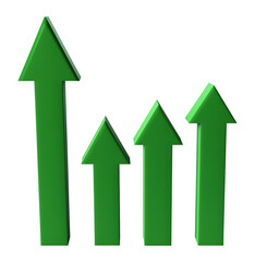 Green growth arrows in varying heights transparent image. Upward profit direction. Business increase trend isolated cutout 3d render. Financial success cut out clipart design element png