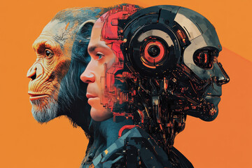 Illustration of human to android evolution in three stages against dual background, reflecting technological integration, identity shift, and the merging of biology with artificial intelligence