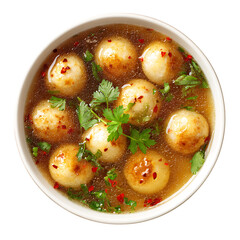 Bowl of Chicken Meatball Soup with Cilantro Garnish isolated on a transparent background chicken meatballs