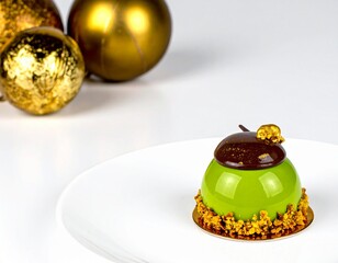 Michelin-Star-Worthy Pistachio Dessert with White Chocolate and Gold Accents on Fine China Plate