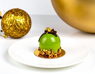 Michelin-Star-Worthy Pistachio Dessert with White Chocolate and Gold Accents on Fine China Plate