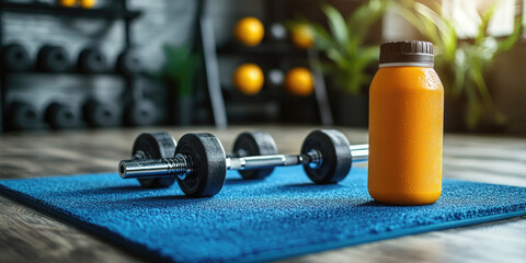 Orange protein shaker bottle standing on gym mat with heavy dumbbells in the background, representing fitness nutrition, post-workout recovery, and strength training in a modern workout environment.
