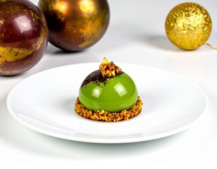 Michelin-Star-Worthy Pistachio Dessert with White Chocolate and Gold Accents on Fine China Plate