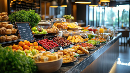 Elegant buffet display with fresh fruits, pastries, vegetables, and bakery items in a luxury hotel restaurant, offering a rich selection of colorful, healthy breakfast and brunch options in a modern i