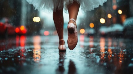A graceful ballet dancer captures attention as she dances in the rain, reflecting strength and artistry amidst the urban backdrop of a vibrant and dynamic city.