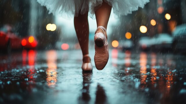 A graceful ballet dancer captures attention as she dances in the rain, reflecting strength and artistry amidst the urban backdrop of a vibrant and dynamic city. - Powered by Adobe