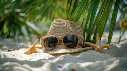 summer layout with sunglasses, hat, starfish, and palm leaves on beautiful sandy beach with sea, ocean in the background tropical vacation vibes and copy space for design or text,banner