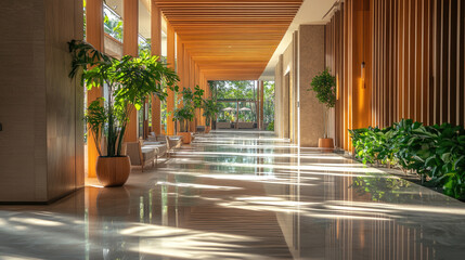 Bright hotel corridor with large windows, sunlight, wooden wall accents, and decorative indoor plants, creating a peaceful and nature-inspired modern space design