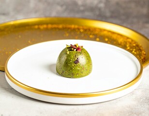 Michelin-Star-Worthy Pistachio Dessert with White Chocolate and Gold Accents on Fine China Plate