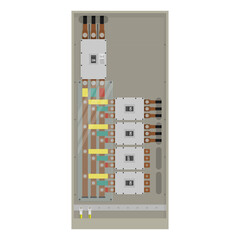 Industrial electrical distribution panel with circuit breakers and copper bus bars
