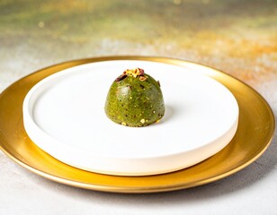 Michelin-Star-Worthy Pistachio Dessert with White Chocolate and Gold Accents on Fine China Plate