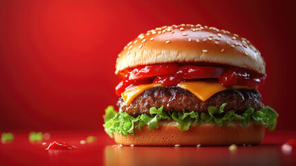Juicy cheeseburger with lettuce, tomato, ketchup, melted cheese in a sesame seed bun, placed on a red background. Concept of fast food, delicious meal, culinary advertisement. Banner, copy space