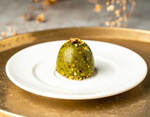 Michelin-Star-Worthy Pistachio Dessert with White Chocolate and Gold Accents on Fine China Plate