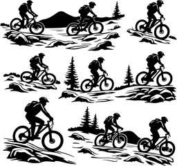Obraz premium Mountain Biking Silhouettes in Forest Trails vector bundle