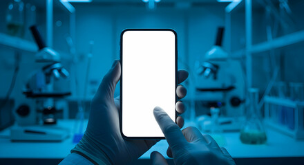 Scientist using smartphone in a modern laboratory research science technology medical app development blank screen