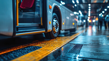 Close-up of bus door and wet platform with yellow tactile paving, modern public transport station scene with copy space for banner and accessibility concept