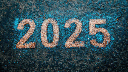 Open road with large "2025" text and arrow pointing to the horizon,symbolizing future goals, personal growth,success journey,positive vision for the new year.Banner,copy space for motivational design