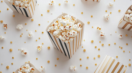 striped popcorn box, classic cinema snack concept.banner, copy space, mockup