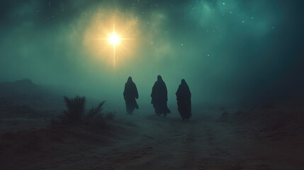 Three Wise Men walking through desert under starry night sky, following the bright Star of Bethlehem, symbolizing spiritual journey, faith, guidance, and Christmas nativity tradition