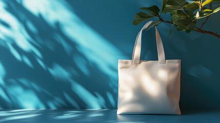 Eco fabric tote bag standing upright, illuminated by natural sunlight through window, promoting simplicity, sustainability and eco-conscious lifestyle. Banner. Copy space