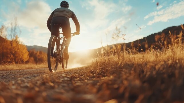 An exhilarating image of a mountain biker riding along a dirt path towards a stunning sunset, symbolizing freedom, adventure, and the thrill of outdoor sports.
